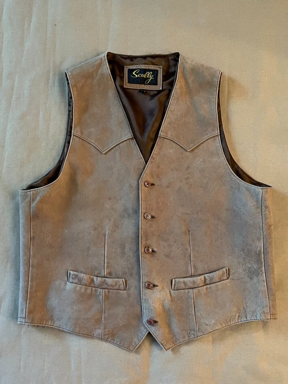Scully Men's Leather Vest Sz 44 Buttons Western Cowboy Outlaw Rodeo Ranch FLAW